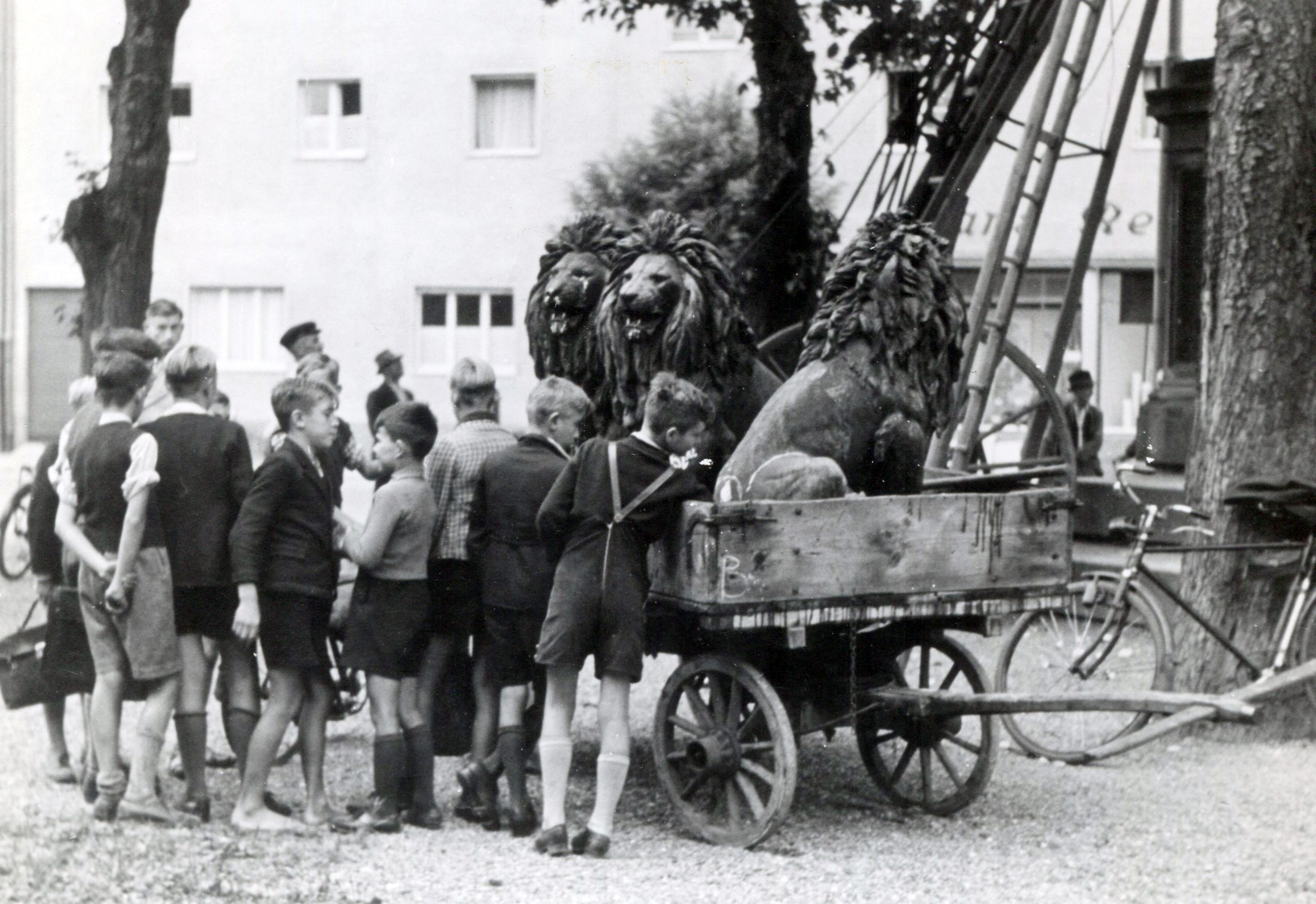 1942 wurden die Bronze-Löwen des Kriegerdenkmals für die gefallenen Soldaten des Deutsch-Französischen Krieges von 1870 / 71 abgenommen. Sie wurden zusam­men mit den übrigen gesammelten Metallen (auch denen aus Ulm) zum Sammelplatz am Bahnhof gebracht, um zu den Fabriken der Rüstungsindustrie nach Hamburg transportiert zu werden, 1942 StANU, Heimatmuseum